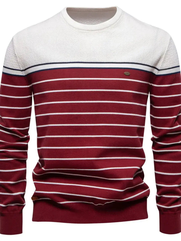 Men’s striped round neck long sleeve sweater — cozy knit pullover with classic casual design