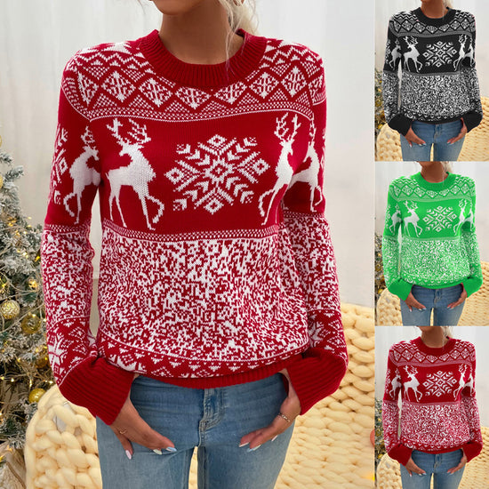Christmas Woolen Round Neck Long-sleeved Sweater Women&
