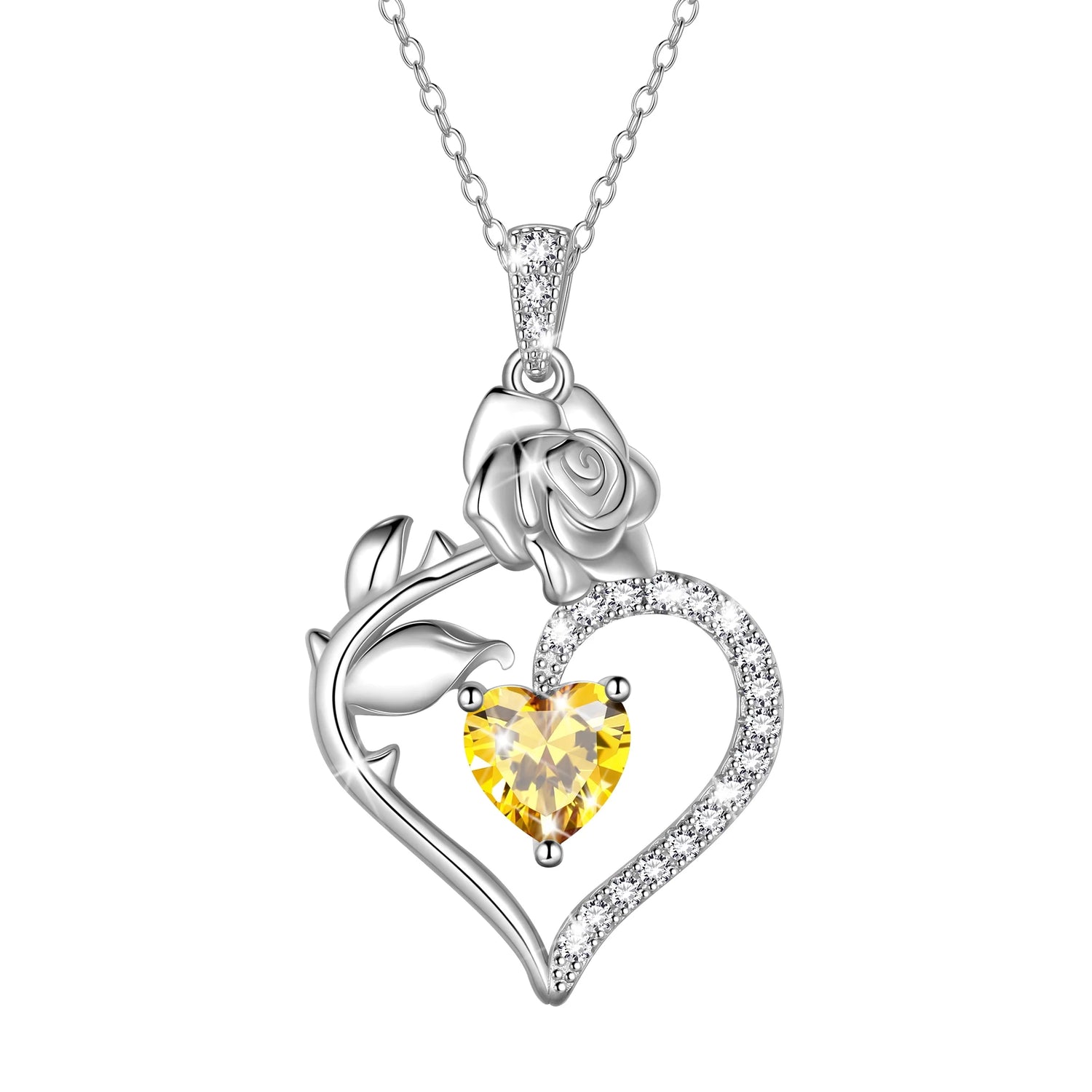 925 Sterling Silver Birthstone Necklace Rose Flower Heart Pendant Jewelry Christmas Valentines Mother&