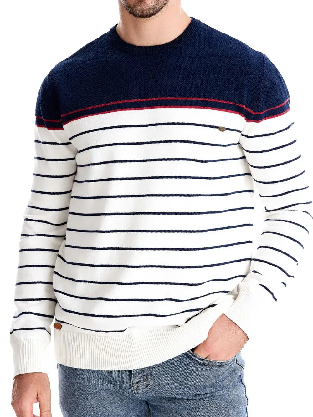 Men’s striped round neck long sleeve sweater — cozy knit pullover with classic casual design