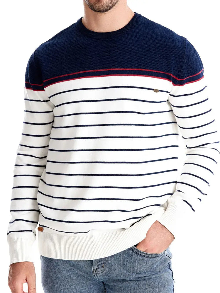 Men’s striped round neck long sleeve sweater — cozy knit pullover with classic casual design
