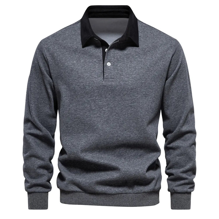Men’s quarter button collared neck long sleeve polo — stylish casual shirt with soft fabric and classic fit