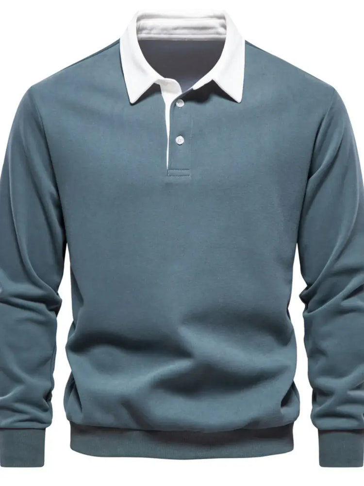 Men’s quarter button collared neck long sleeve polo — stylish casual shirt with soft fabric and classic fit