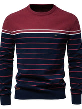 Men’s striped round neck long sleeve sweater — cozy knit pullover with classic casual design