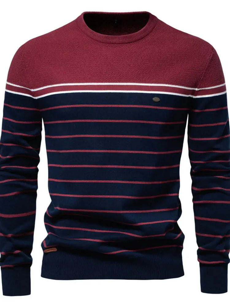 Men’s striped round neck long sleeve sweater — cozy knit pullover with classic casual design