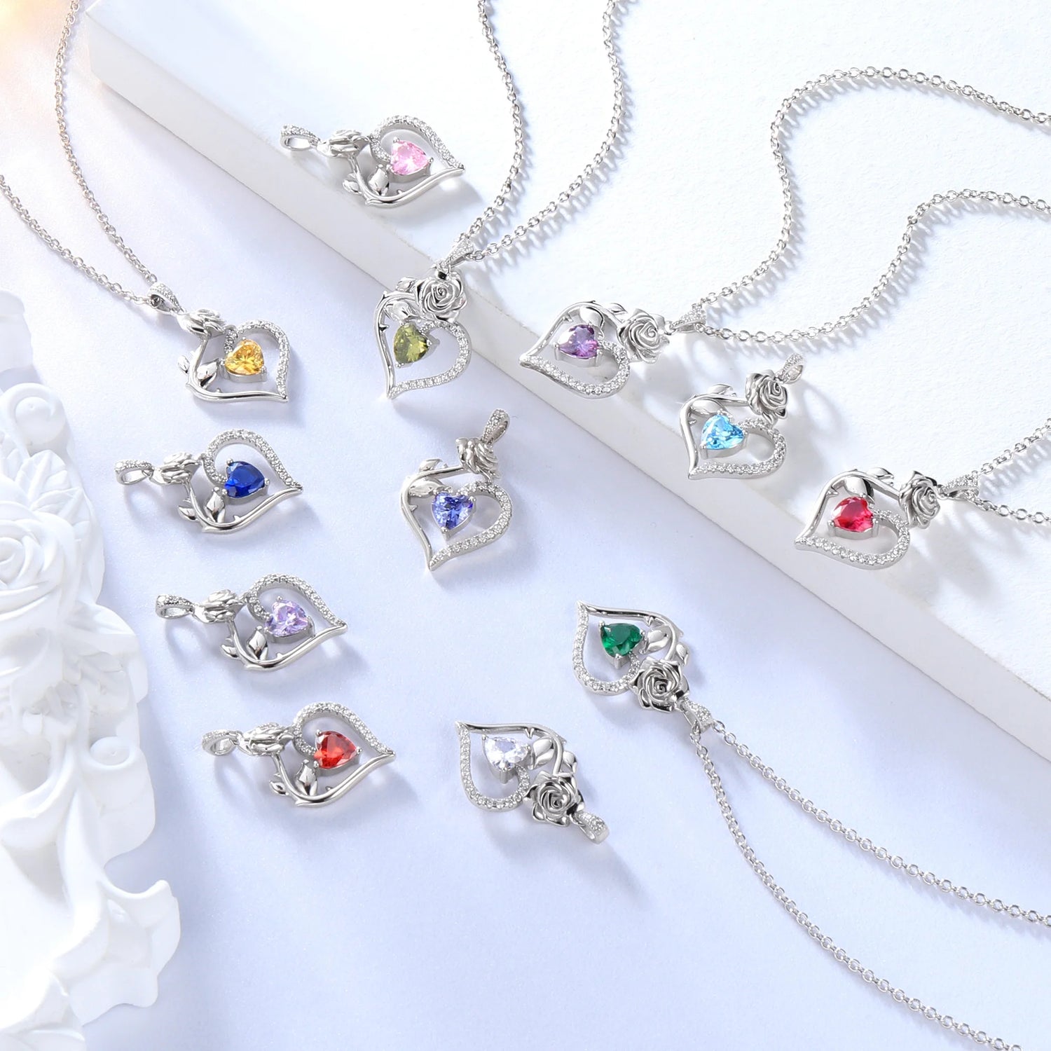 925 Sterling Silver Birthstone Necklace Rose Flower Heart Pendant Jewelry Christmas Valentines Mother&