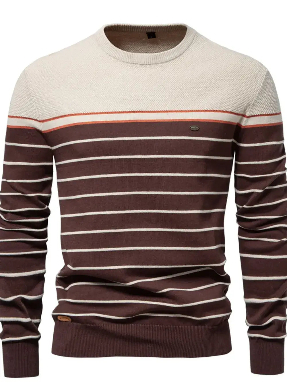 Men’s striped round neck long sleeve sweater — cozy knit pullover with classic casual design