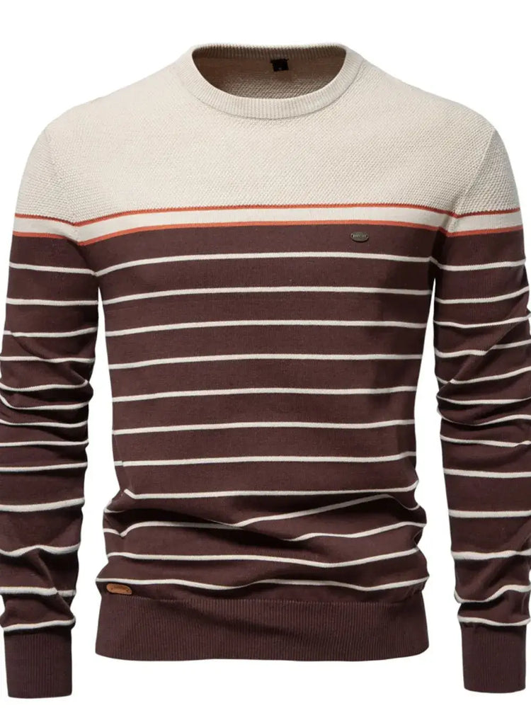 Men’s striped round neck long sleeve sweater — cozy knit pullover with classic casual design