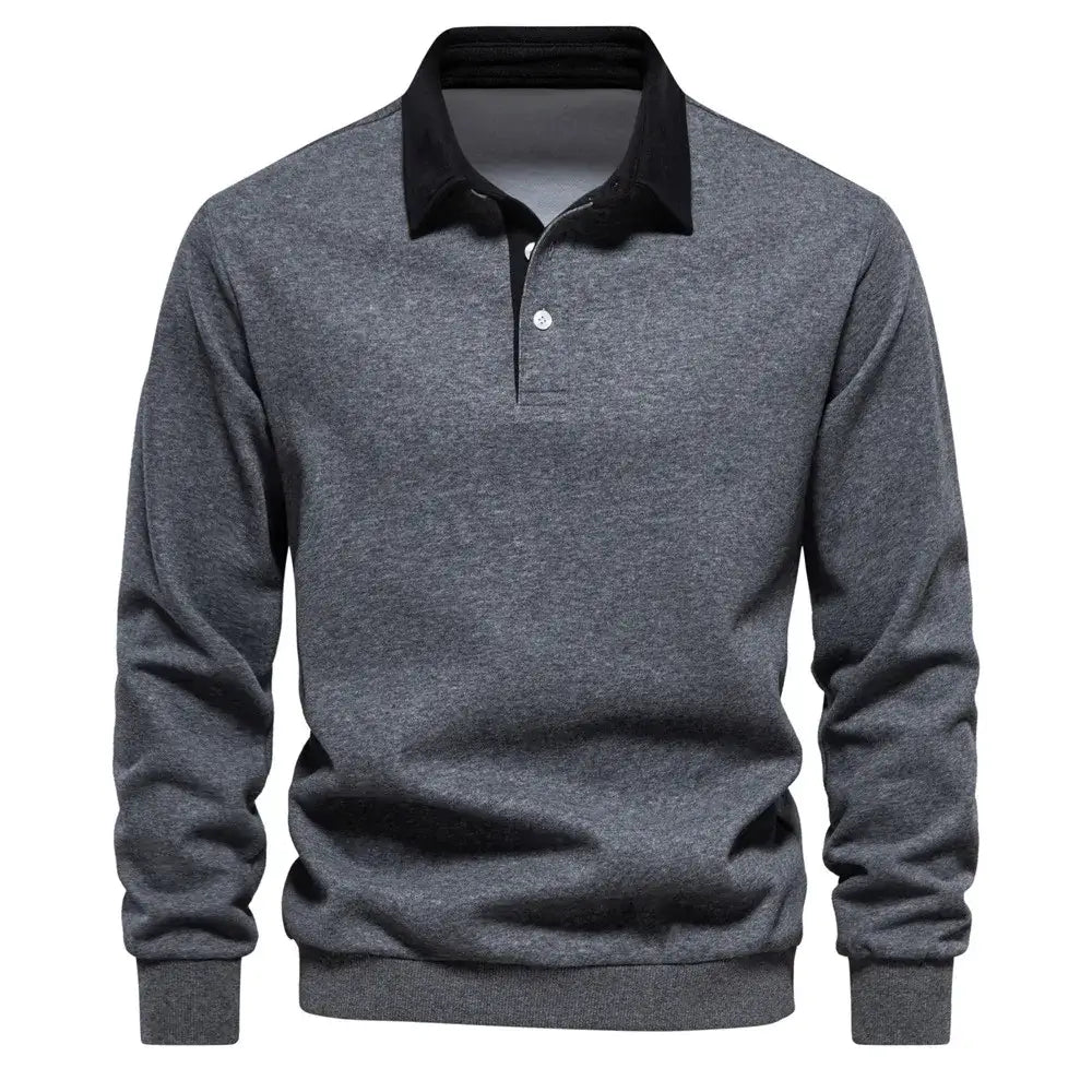 Men’s quarter button collared neck long sleeve polo — stylish casual shirt with soft fabric and classic fit
