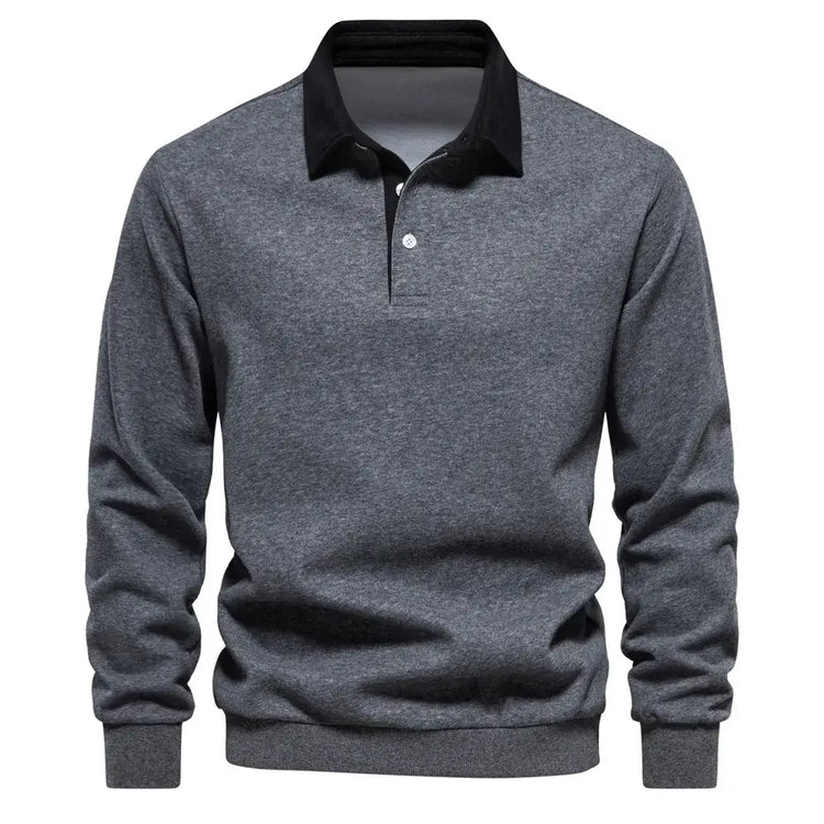 Men’s quarter button collared neck long sleeve polo — stylish casual shirt with soft fabric and classic fit