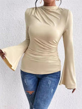 Bell Sleeve Ruched Fitted T-Shirt with Mock Neck for Adult women - FasionByMatteo