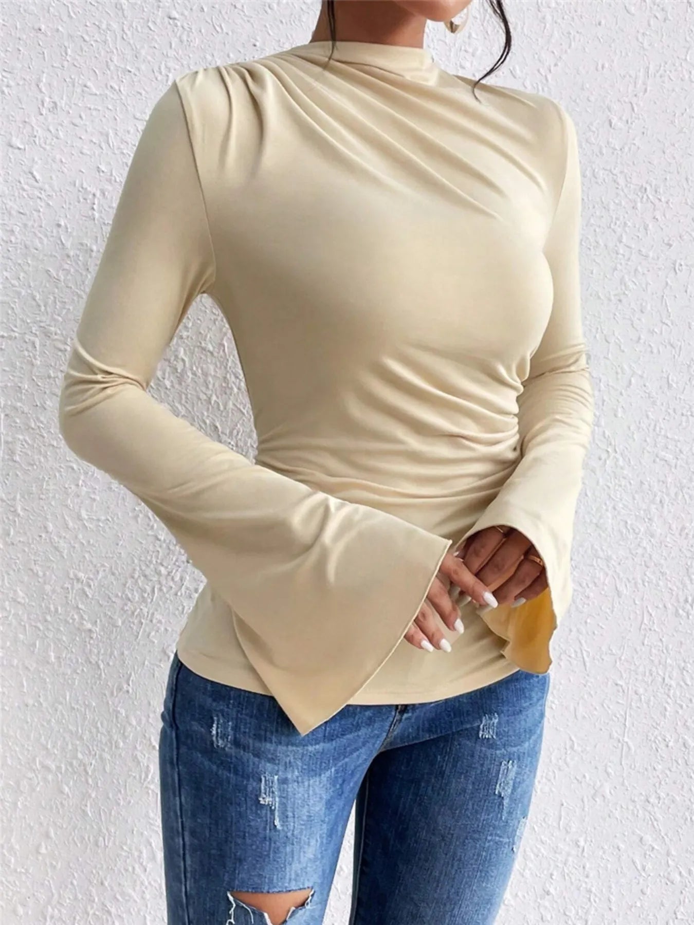 Bell Sleeve Ruched Fitted T-Shirt with Mock Neck for Adult women - FasionByMatteo