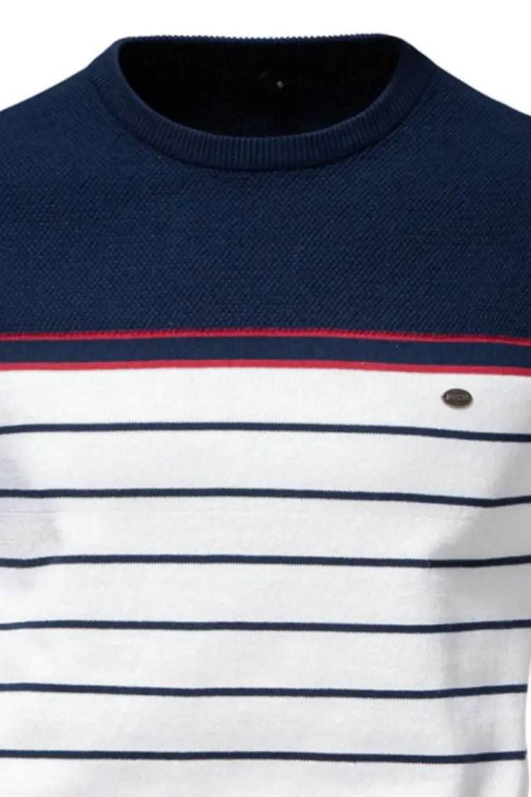 Men’s striped round neck long sleeve sweater — cozy knit pullover with classic casual design
