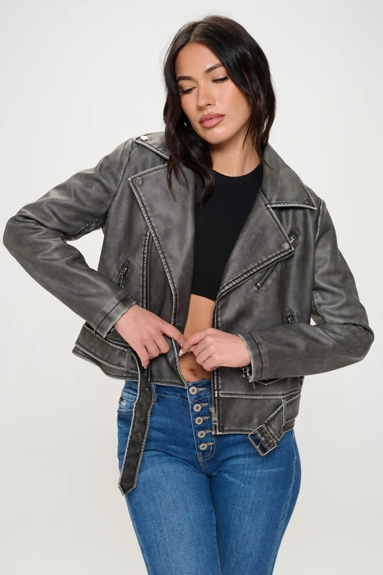 Coalition LA Zip Up Biker Jacket with Belt for Adult women - FasionByMatteo