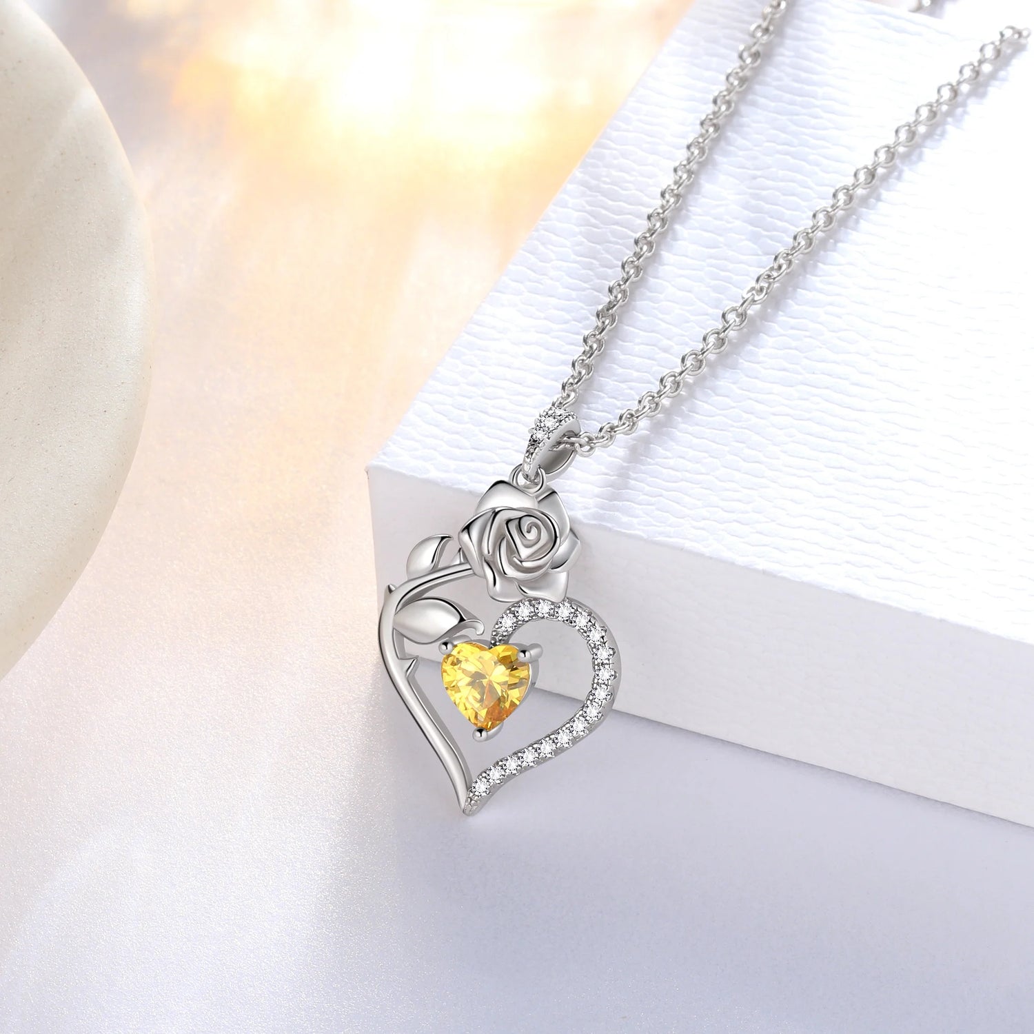 925 Sterling Silver Birthstone Necklace Rose Flower Heart Pendant Jewelry Christmas Valentines Mother&