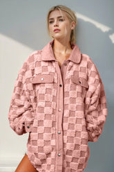 Double Take Button Up Fuzzy Checkered Shacket for Adult women - FasionByMatteo