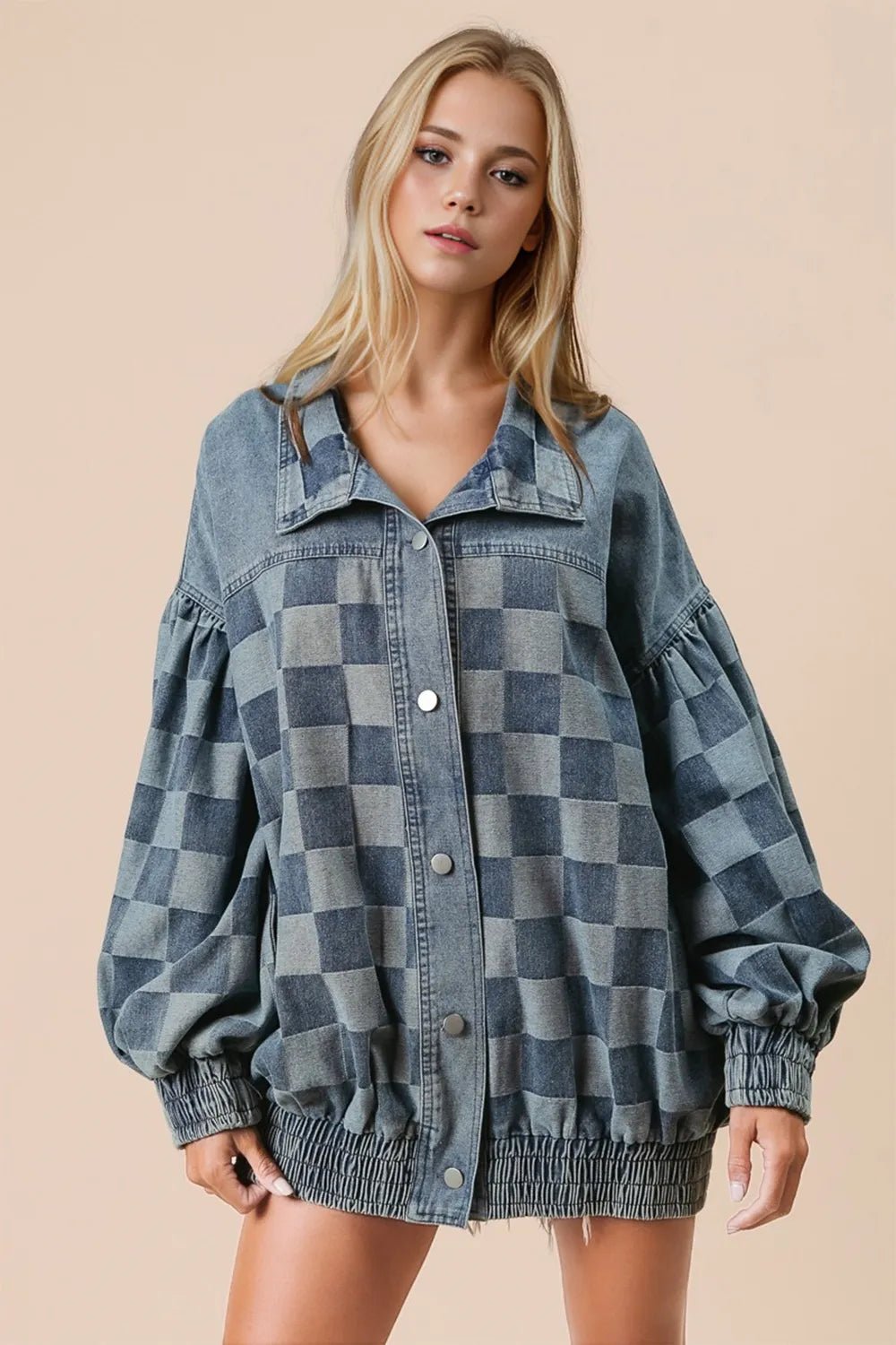 Double Take Checkered Button Up Denim Jacket for Adult women - FasionByMatteo