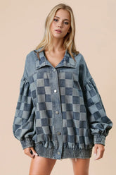 Double Take Checkered Button Up Denim Jacket for Adult women - FasionByMatteo