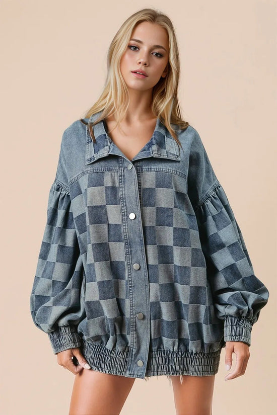 Double Take Checkered Button Up Denim Jacket for Adult women - FasionByMatteo