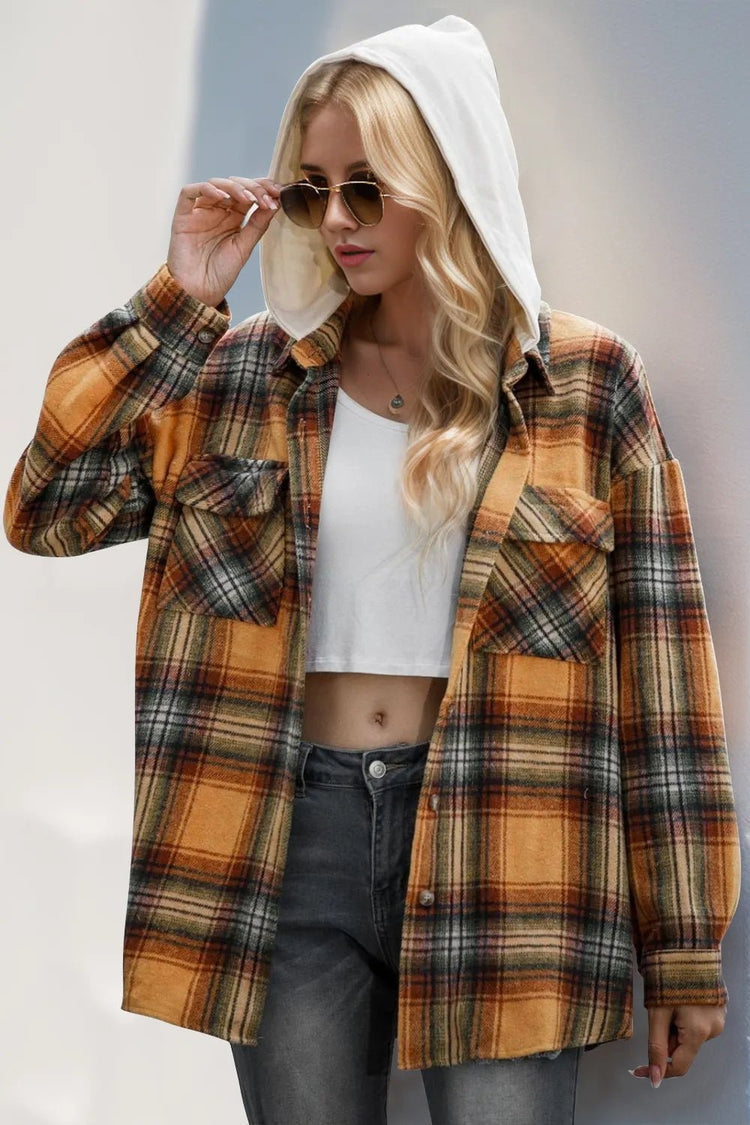 Double Take Drawstring Plaid Long Sleeve Hooded Shacket for Adult women - FasionByMatteo