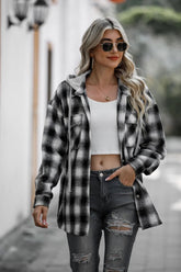 Double Take Drawstring Plaid Long Sleeve Hooded Shacket for Adult women - FasionByMatteo