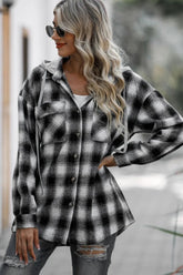 Double Take Drawstring Plaid Long Sleeve Hooded Shacket for Adult women - FasionByMatteo