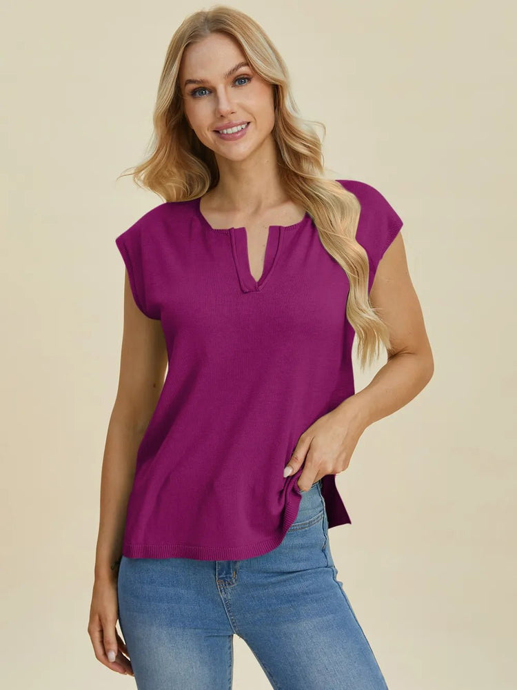 Double Take Full Size Notched Cap Sleeve Knit Top for Adult women - FasionByMatteo
