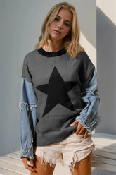 Double Take Full Size Star Pattern Raw Edge Long Sleeve Sweater for Adult women - FasionByMatteo