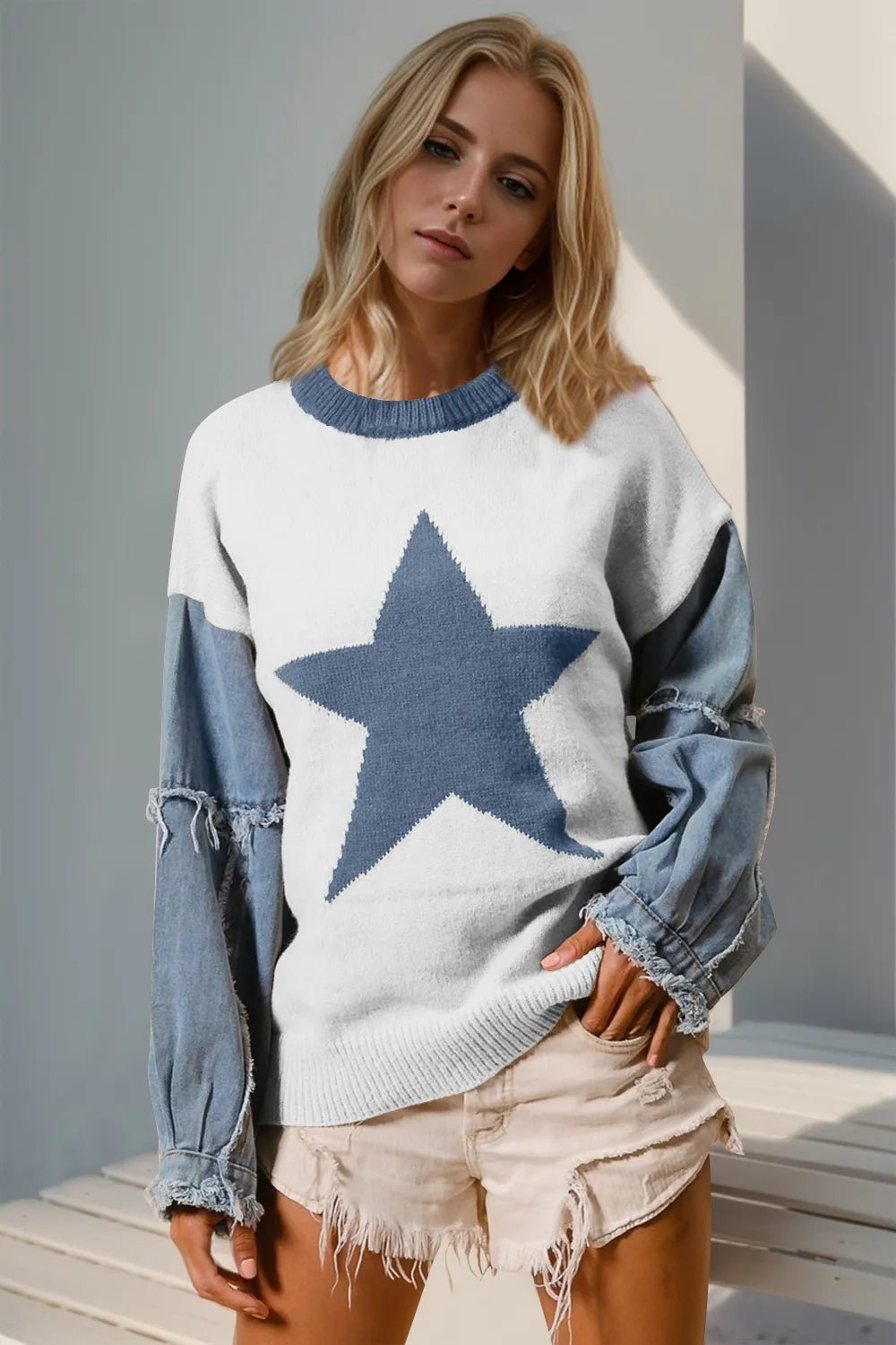 Double Take Full Size Star Pattern Raw Edge Long Sleeve Sweater for Adult women - FasionByMatteo