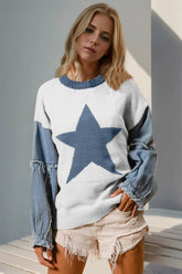 Double Take Full Size Star Pattern Raw Edge Long Sleeve Sweater for Adult women - FasionByMatteo