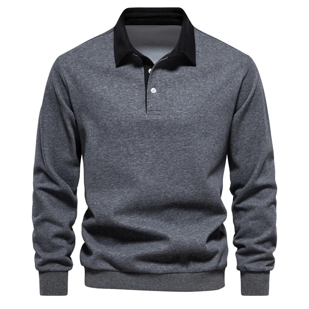 Men’s quarter button collared neck long sleeve polo — stylish casual shirt with soft fabric and classic fit