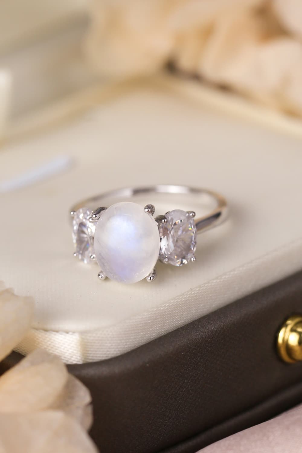 High Quality Natural Moonstone 925 Sterling Silver Three Stone Ring for Adult women - FasionByMatteo
