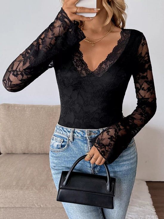 Lace V - Neck Long Sleeve T-Shirt for Adult women - FasionByMatteo