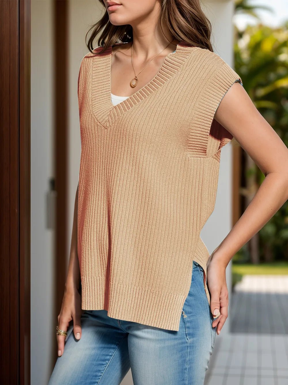 V - Neck Cap Sleeve Knit Vest for Adult women - FasionByMatteo