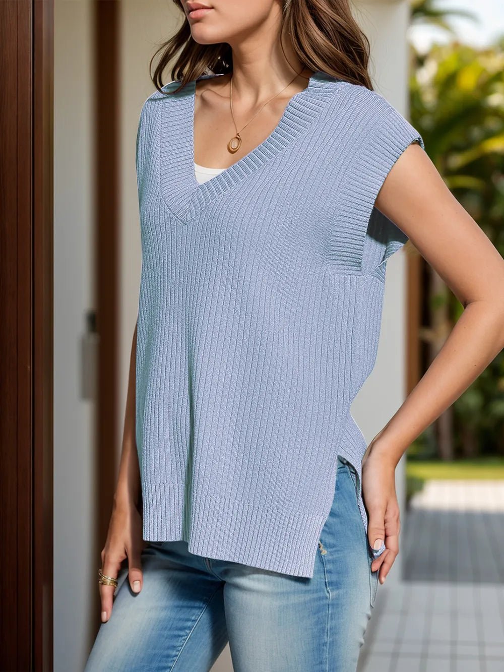 V - Neck Cap Sleeve Knit Vest for Adult women - FasionByMatteo