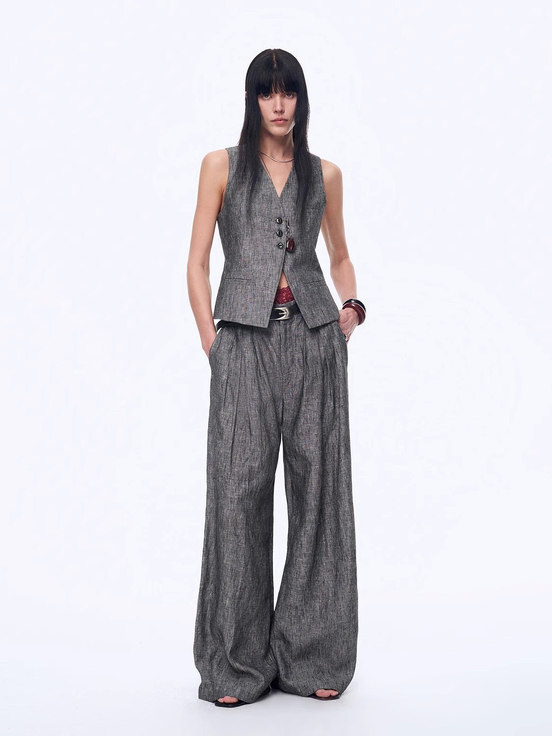 Women's Fireladyfur Linen Suit Set: Draped Vest & High - Waist Straight Trousers"Old Money Space" - FasionByMatteoOutfit